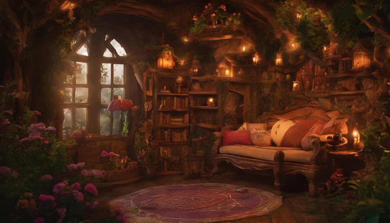 The living room of the fairy house at midnight, a rustic wooden sofa with handmade cushions and blankets, warm drinks on a table decorated with jewels and flowers, the soft light of a light fixture made of natural materials, a small bookcase in the corner of the room with ancient books and magical scrolls where knowledge and secrets lie, decorated with natural materials, jewels and flowers throughout the room, an atmosphere of fantasy and mystery.  very realistic、photograph、one person perspective、super detail、high detail、high quality、8K、