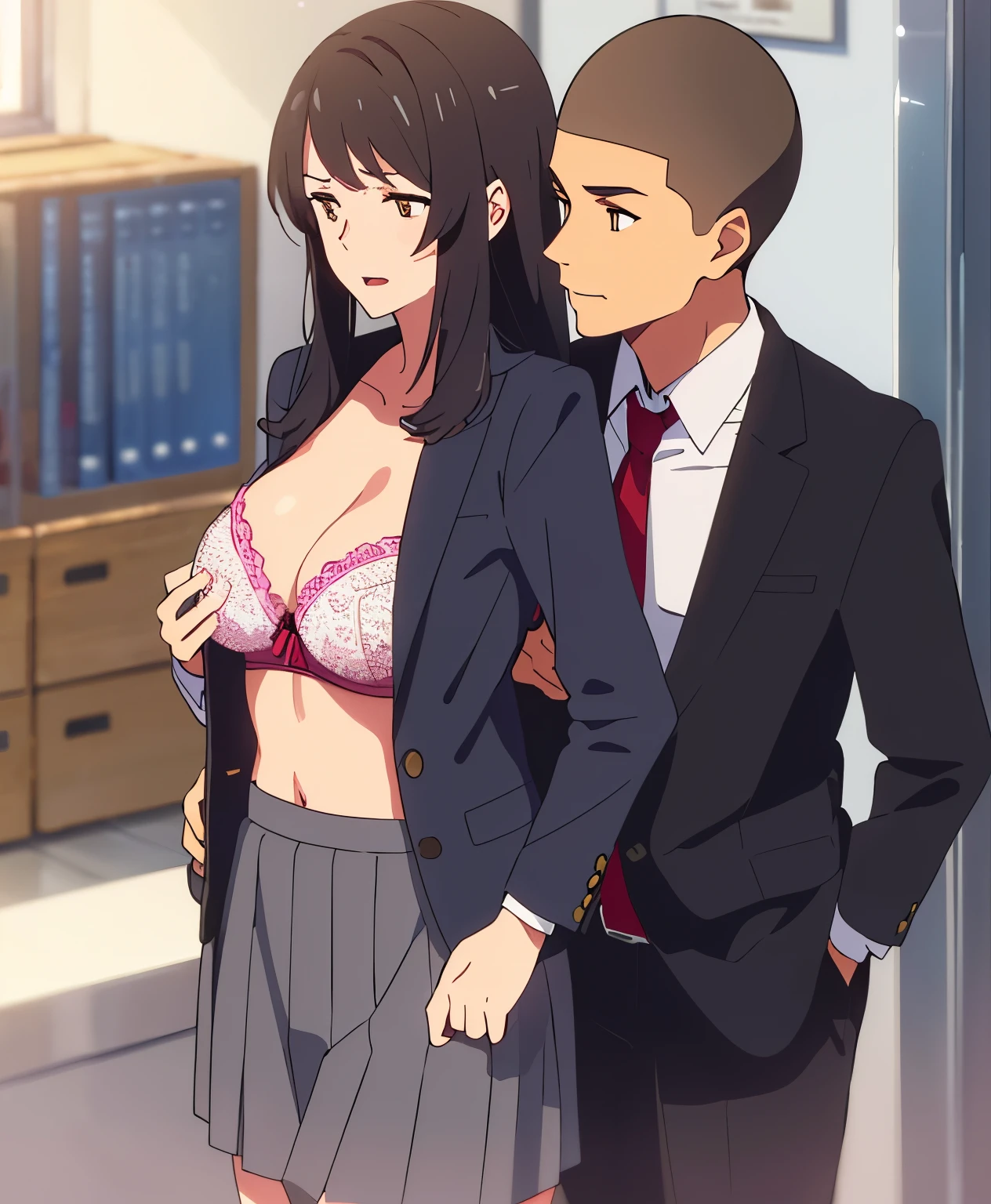 shinkai makoto, kimi no na wa., 1boy, buzzcut,office suit, boy caressing girl's body, kiss cheeks, passionate hug, boy is hugging from behind, groping from behind, 1girl, bangs, black hair, open mouth, brown eyes, Twisted Half Up, red ribbon, long hair, yellow blouse, open shirt, unbuttoned shirt, pink bra, cleavast, mediumt, long gray sktorage room, indoors, masterpiece, perfect anatomy, cowboyshot