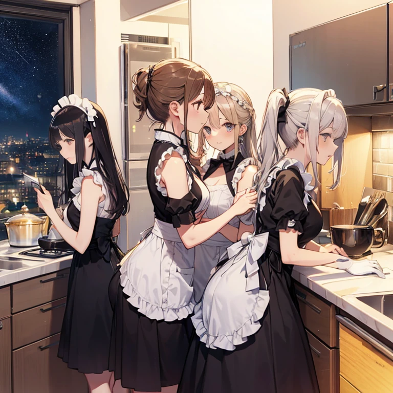 A group of maids, (in kitchen), various hair styles, harem, wearing maid uniform, night, details face, , short skirt, seducing, sleeveless , night, starry night