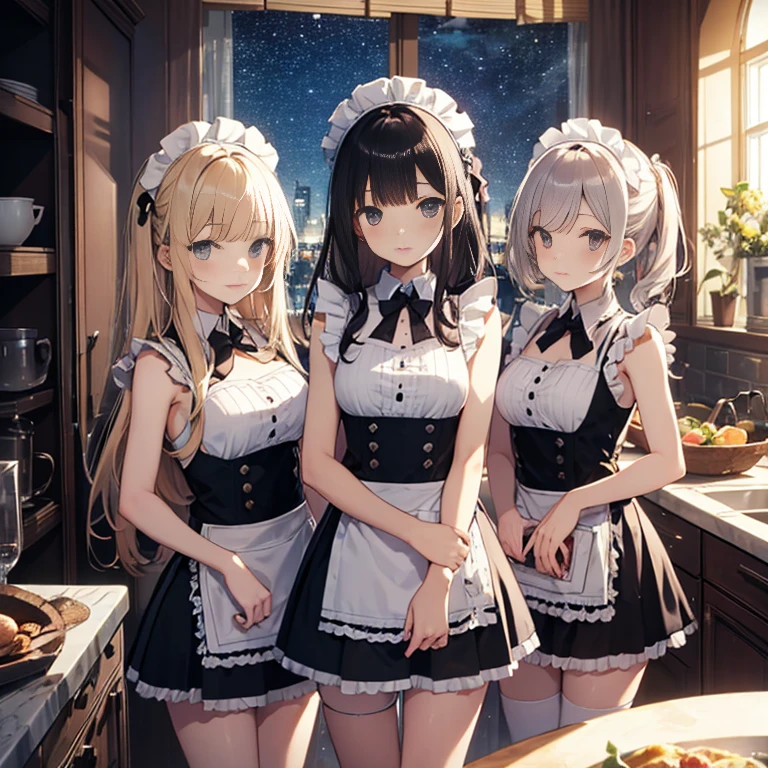 A group of maids, (in kitchen), various hair styles, harem, wearing maid uniform, night, details face, , short skirt, seducing, sleeveless , night, starry night 