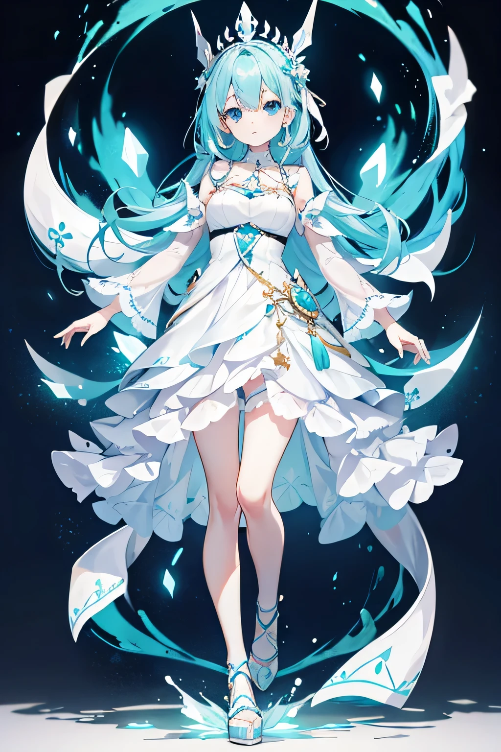 white dress, hair ornament, cyan hair, blue eyes, full body shot, hand at the back