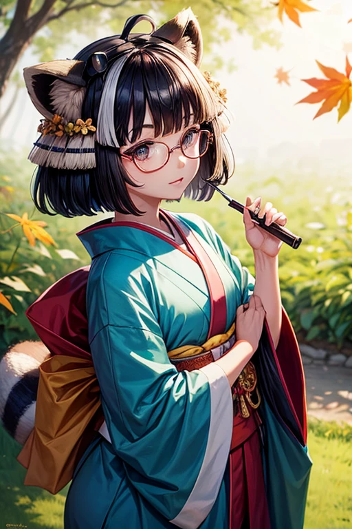 Raccoon ears,1 girl,bob hair,kimono,glasses,With leaves on his head,anime touch