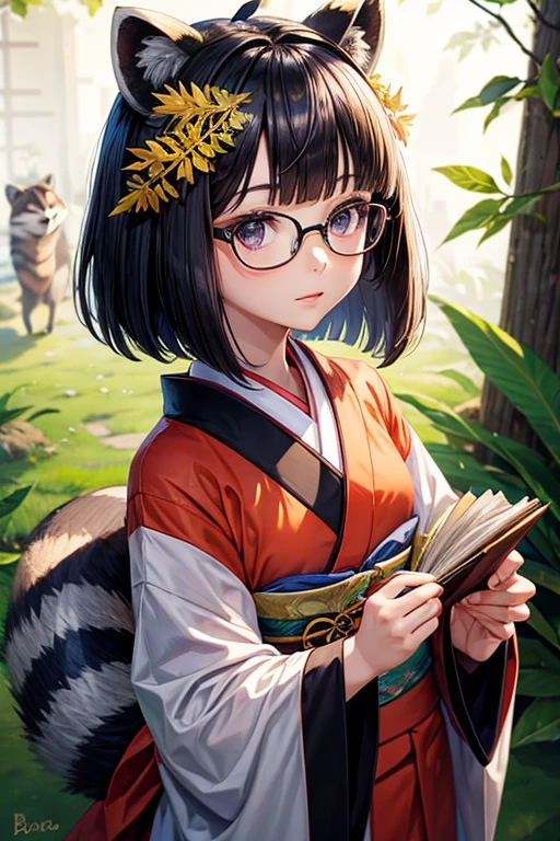 Raccoon ears,1 girl,bob hair,kimono,glasses,With leaves on his head,anime touch