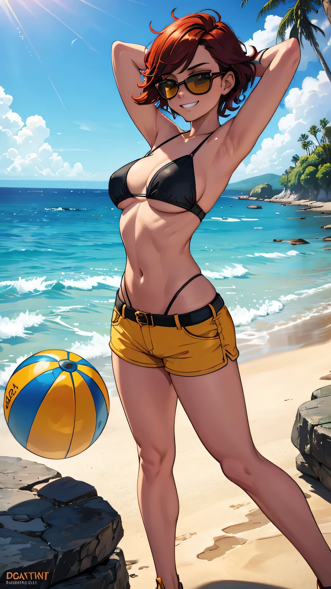 1girl, evil grin, very short hair, bare chest, tomboy, flat chest, yellow long shorts, mischievous eyes, confident posture, sunny beach, palm trees, crashing waves, vibrant colors, playful expression, sandcastle, seashells, sunglasses, beach ball, summer vibes, carefree spirit, warm sunlight, cool breeze, energetic atmosphere, dynamic composition, bold brushstrokes, lively texture, vibrant and contrasting colors, joyful and carefree energy, bold and expressive strokes, warm and inviting color palette, dramatic lighting, playful shadows, dynamic movement, high detail, realistic rendering, vivid and saturated colors