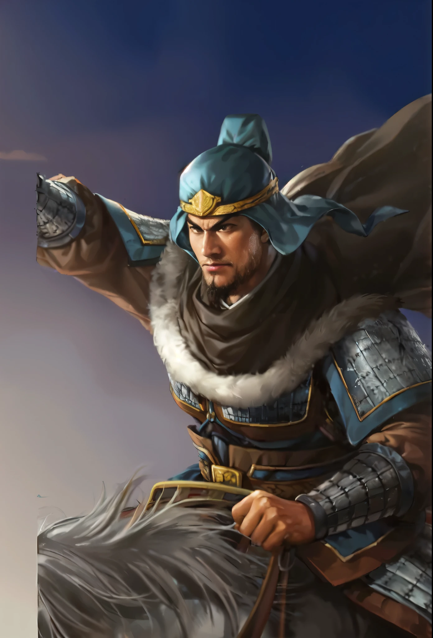 Close-up of a man on horseback holding a sword, Guan yu, zhao yun, Inspired by Hu Zaobin, Mongol, feng shu, , Inspired by Li Kan, Inspired by Huang Ding, inspired by Wu Zuoren, Inspired by Huang Shen, author：Yang Borun, Inspired by Cao Zhibai, Yang Qi