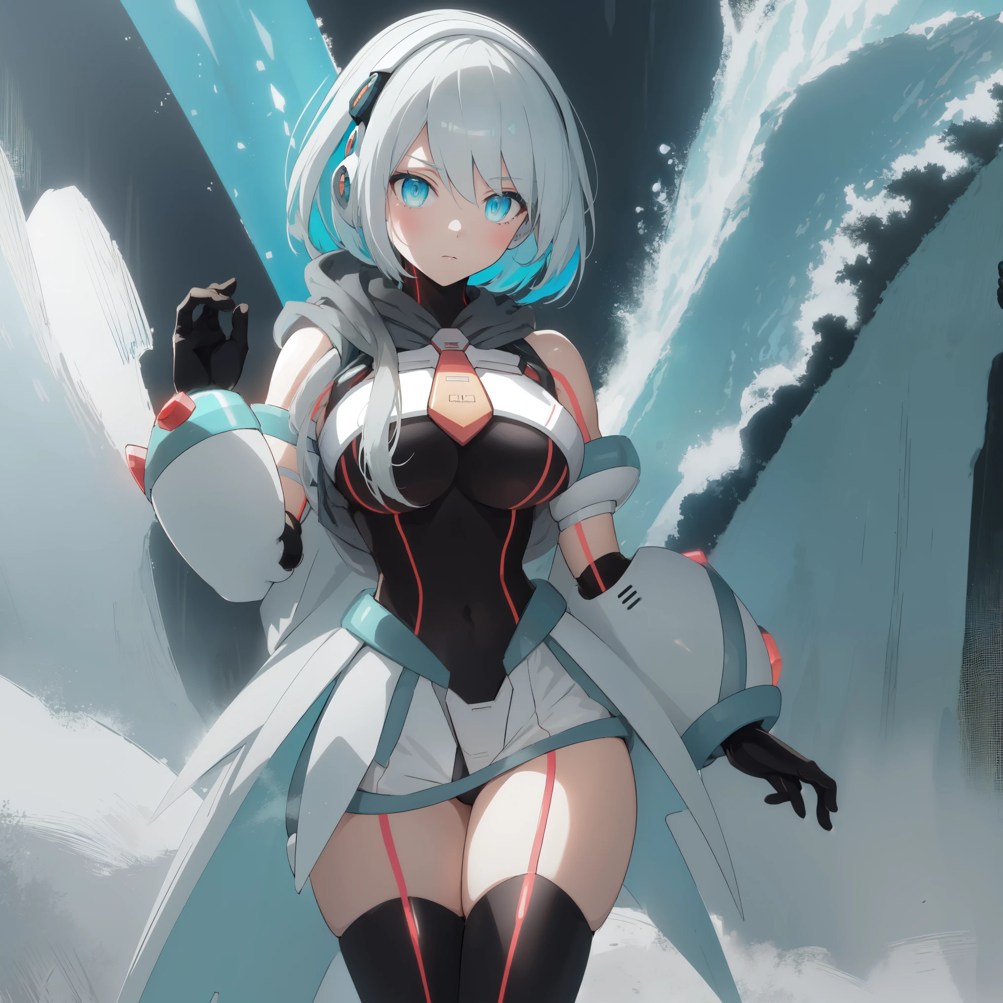 ico_megamanxdive, 1girl, blue eyes, solo, white hair, android, large breasts, black gloves, short hair, thighhighs, necktie, high quality, masterpiece, in a dark forest looking out at a waterfall, in the style of ultra detailed, dark cyan and light bronze, eye-catching tags, physically based rendering, depictions of inclement weather, heavy shading, landscape inspirations