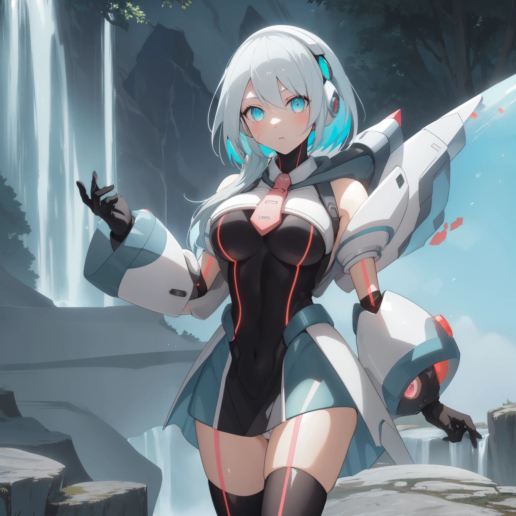 ico_megamanxdive, 1girl, blue eyes, solo, white hair, android, large breasts, black gloves, short hair, thighhighs, necktie, high quality, masterpiece, in a dark forest looking out at a waterfall, in the style of ultra detailed, dark cyan and light bronze, eye-catching tags, physically based rendering, depictions of inclement weather, heavy shading, landscape inspirations