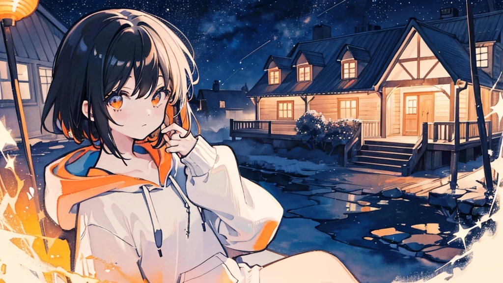 (watercolor), (low contrast), (1 girl, black hair, hoodie), (starry sky, wood house, orange lights)