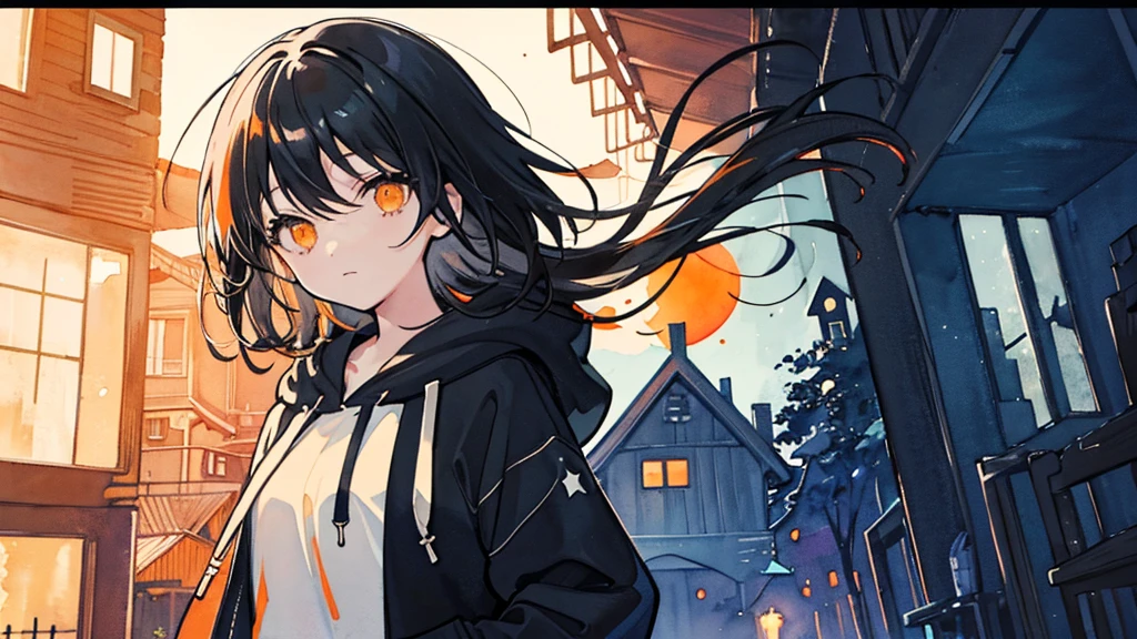 (watercolor), (low contrast), (1 girl, black hair, hoodie), (starry sky, wood house, orange lights)