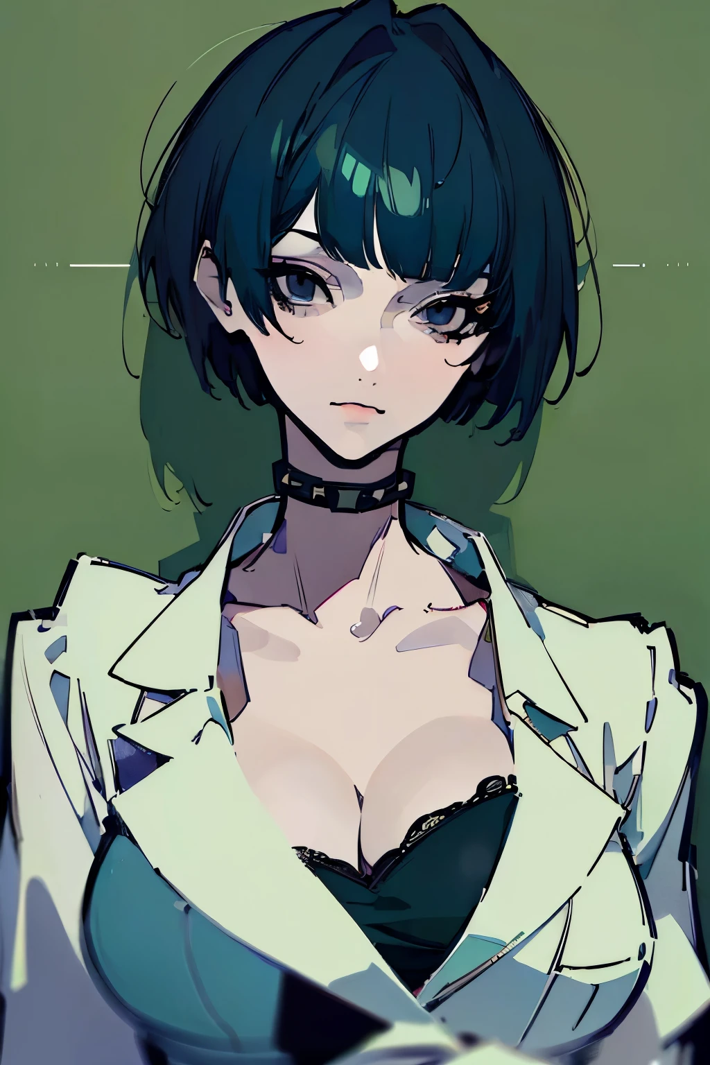 (highest quality、masterpiece:1.2), one woman、mature woman、Tae Takemi, navy short hair、black eye、cleavage、(white clothes、Dark green one piece、choker), Examination room background