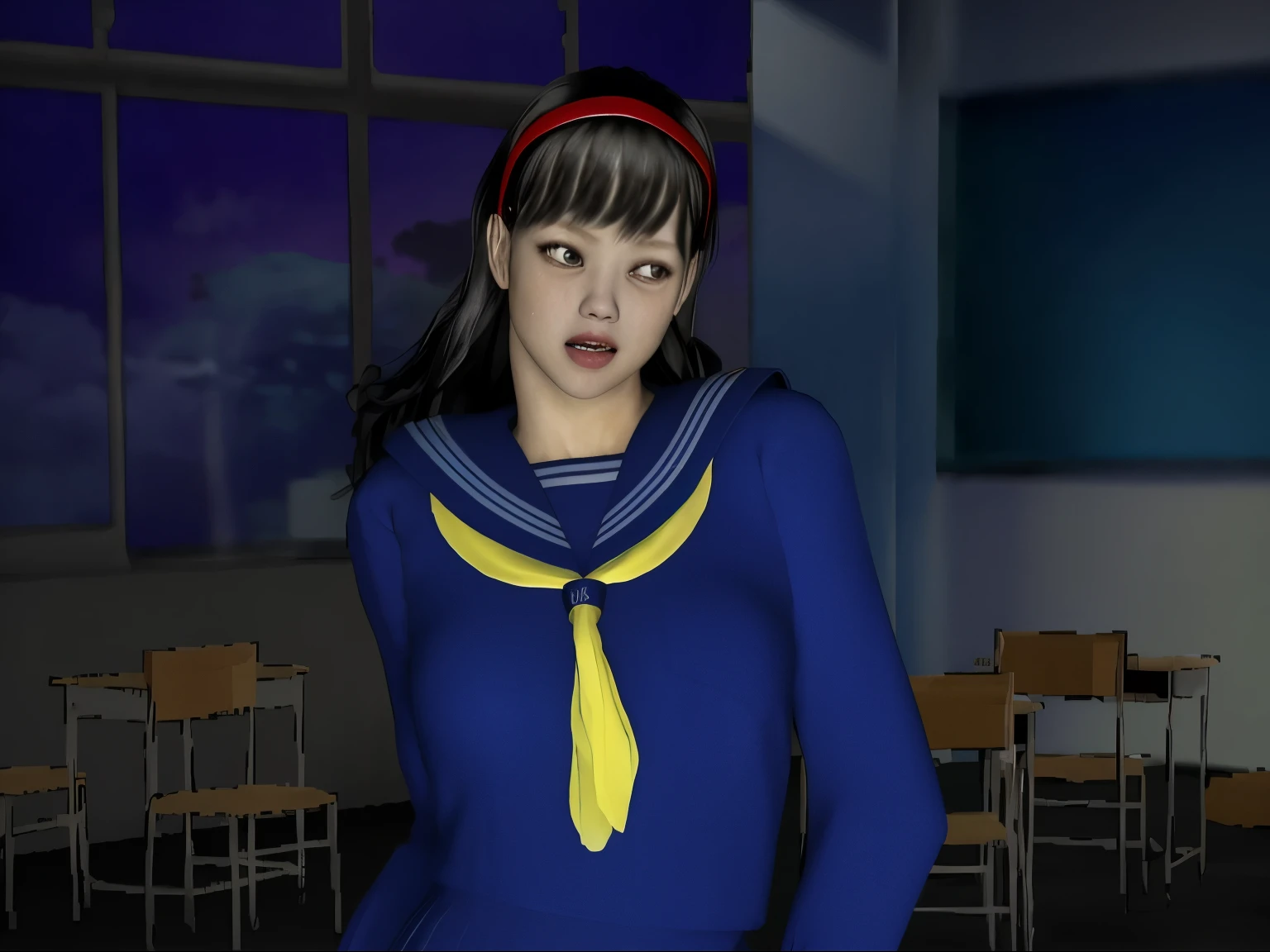 （（I&#39;m sad、shed tears））、((sweaty、dye one&#39;s cheeks red、Sweat-soaked skin))、(8K, highest quality, masterpiece:1.2), (realistic, photo-realistic:1.37), Super detailed,highest quality, ultra high resolution, professional lighting, photon mapping, radio city, Physically based rendering, cinematic lighting,  late night path,written boundary depth, sharp focus,moonlight, good composition,1 girl,alone,(whole body), (open your mouth),fine and beautiful eyes,((red eyes、Sharp and long double teeth))、 temporarily stop, tight waist,Japanese high school girl, black hair,messy hair,long hair fluttering in the wind,((Sailor suit for high school girls、navy blue socks))、(Ulzzang-6500:1.2)、 mix 4, 