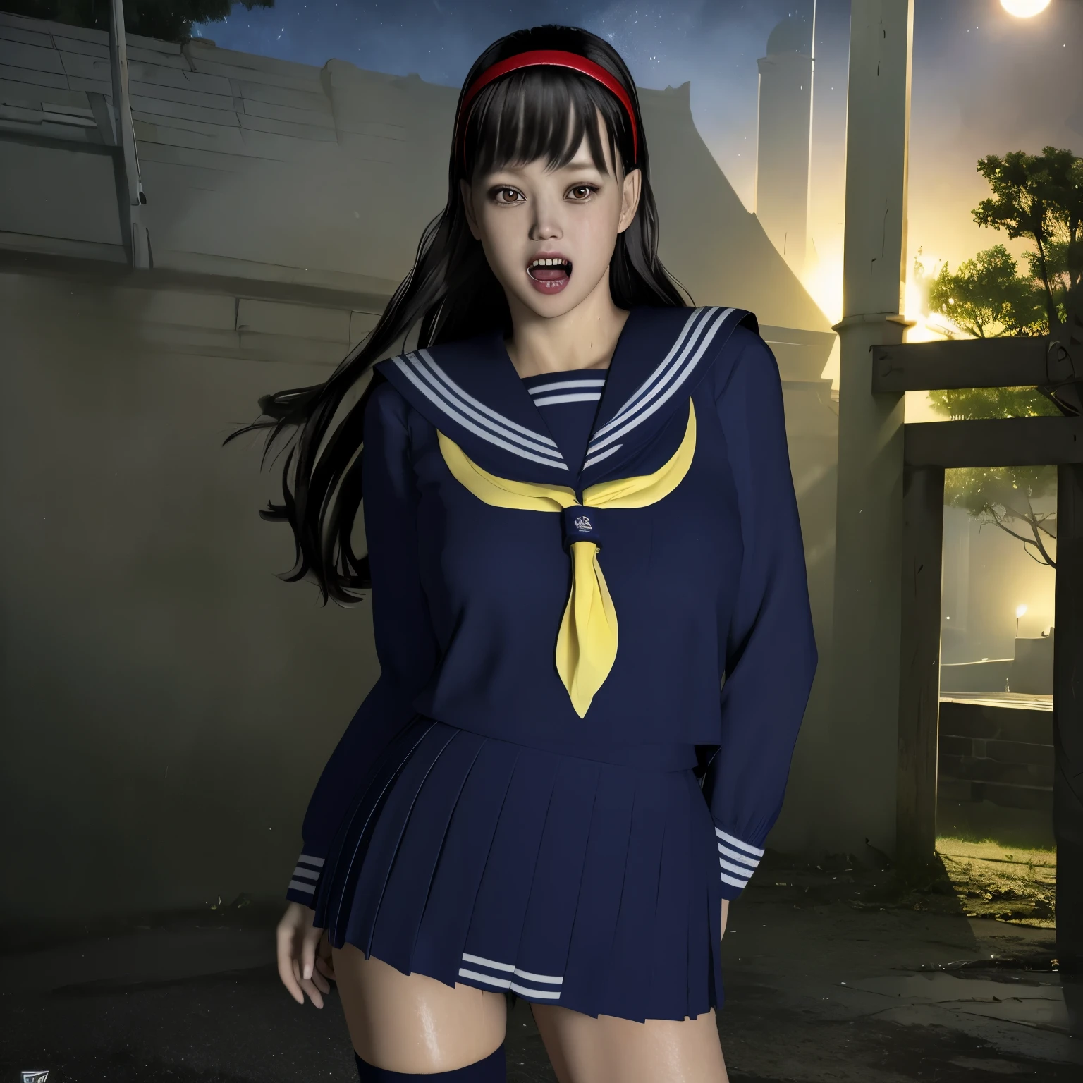 （（I&#39;m sad、shed tears））、((sweaty、dye one&#39;s cheeks red、Sweat-soaked skin))、(8K, highest quality, masterpiece:1.2), (realistic, photo-realistic:1.37), Super detailed,highest quality, ultra high resolution, professional lighting, photon mapping, radio city, Physically based rendering, cinematic lighting,  late night path,written boundary depth, sharp focus,moonlight, good composition,1 girl,alone,(whole body), (open your mouth),fine and beautiful eyes,((red eyes、Sharp and long double teeth))、 temporarily stop, tight waist,Japanese high school girl, black hair,messy hair,long hair fluttering in the wind,((Sailor suit for high school girls、navy blue socks))、(Ulzzang-6500:1.2)、 mix 4, 