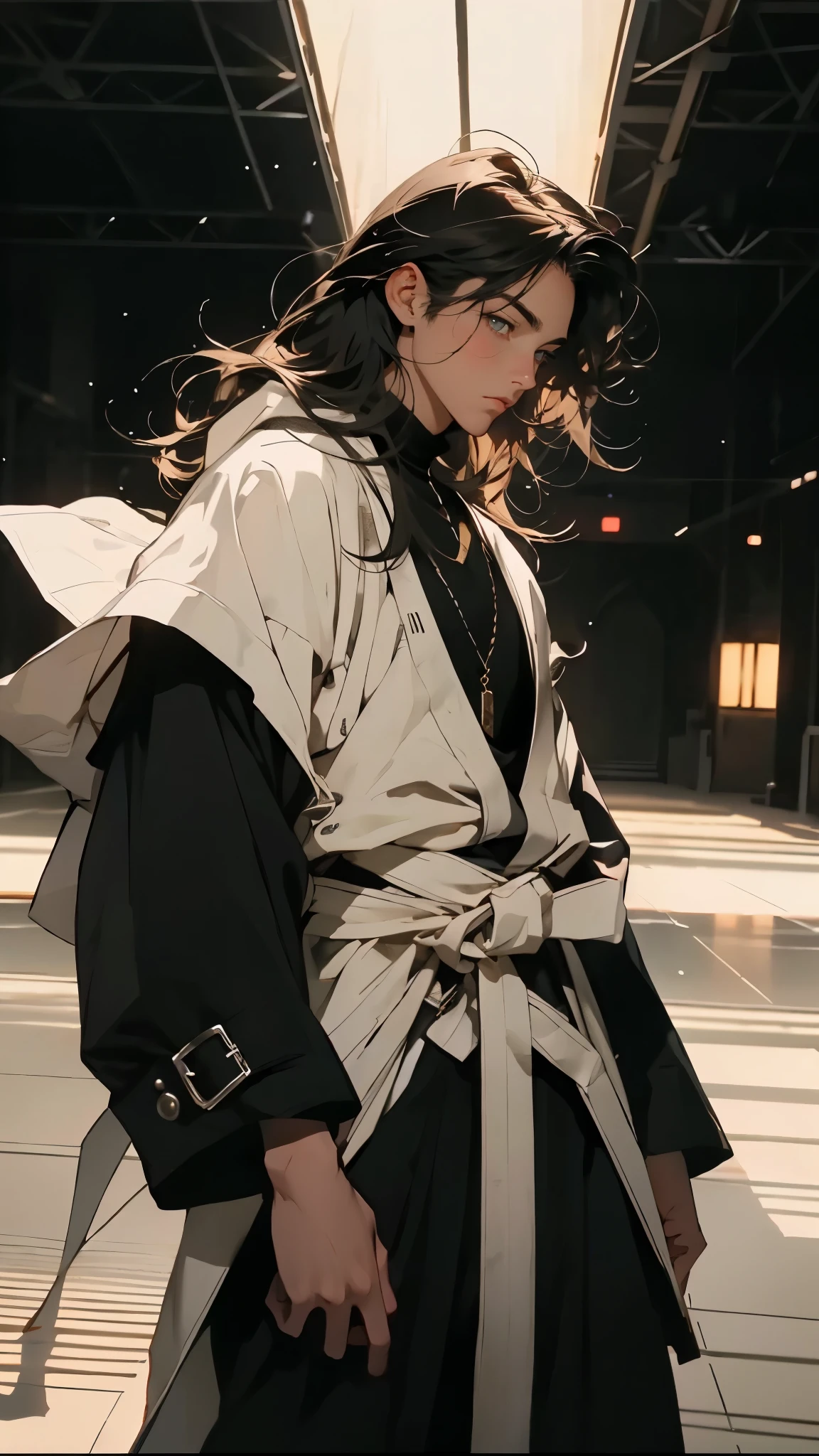 An adult man with long black hair, white-highlighted middle part bangs, thick wavy eyebrows, sharp almond-shaped eyes, well-defined features, a dignified expression, a black and white tight-fitting coat in a fantasy martial arts style, flowing wide sleeves, a cloth belt around the waist, loose fabric trousers, he holds a long sword placed in front of him, while the other hand lightly wipes the blade, the backdrop is a fantasy martial arts-style training ground, this character embodies a finely crafted fantasy martial arts-style swordsman in anime style, exquisite and mature manga art style, high definition, best quality, highres, ultra-detailed, ultra-fine painting, extremely delicate, professional, perfect body proportions, golden ratio, anatomically correct, symmetrical face, extremely detailed eyes and face, high quality eyes, creativity, RAW photo, UHD, 32k, Natural light, cinematic lighting, masterpiece-anatomy-perfect, masterpiece:1.5