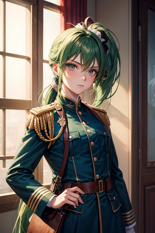 spencer gun,green hair,Beautiful woman dressed as a man,uniform,long hair,low ponytail