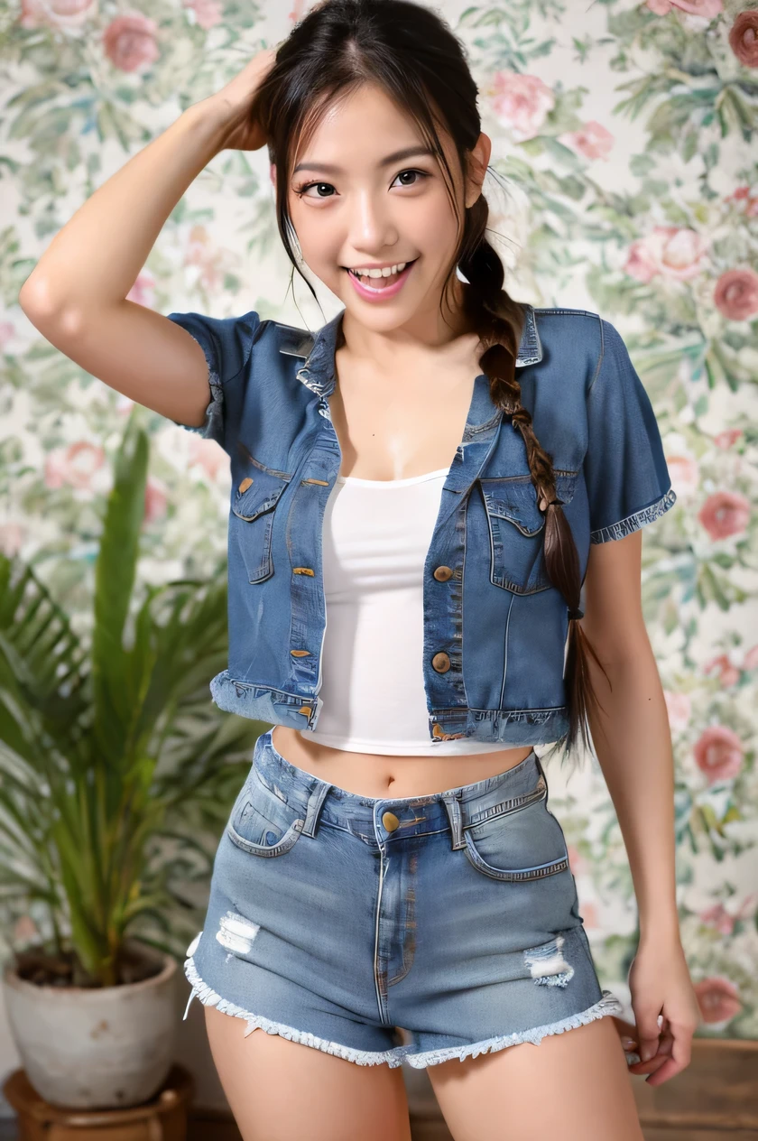 The beauty of 8K raw photos:2.0, Japanese woman, plaits hair, 18 years old, great face and dark eyes, looking at the viewer:1.5, big smile, tongue out, open mouth, wet hair, show the crotch, spread the legs wide, show your cameltoe:1.2, tiny top, put your hands on your hip, (denim shorts:1.2), shinny skin, realistic:1.9, very detailed, standing cowboy shot from bottom:1.2, High resolution RAW color photos, professional photos, Taken at the studio, plain wallpaper, girl sexy portrait