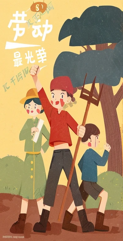 There is a cartoon,A man and two children holding a stick, poster illustration, 🚿🗝📝, poster, cover illustration, illustrated poster, illustration!, children illustration, poster ; summer, fairy-tale illustration style, digital illustration poster, a poster, Hand drawn cartoon art style, book illustration, art cover, a beautiful artwork illustration, children's illustration