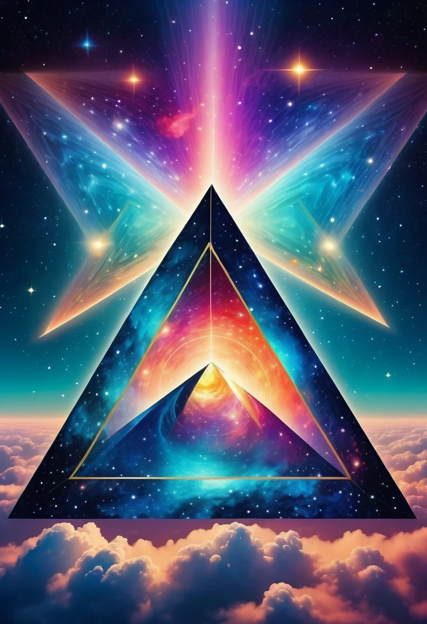 Huge triangle,Magnificent cosmic starry sky background,Intricate illustration in surreal art style,surreal dream,Dubrec style,Transparent geometric shape close-up,(multiple exposure:1.8),