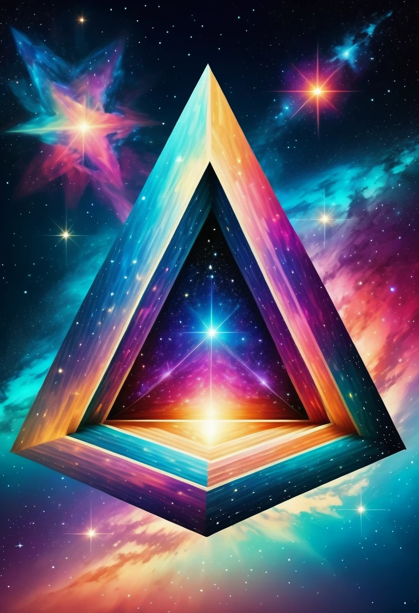Huge triangle，Magnificent cosmic starry sky background，Intricate illustration in surreal art style，surreal dream，Dubrec style，Transparent geometric shape close-up，（multiple exposure：1.8），