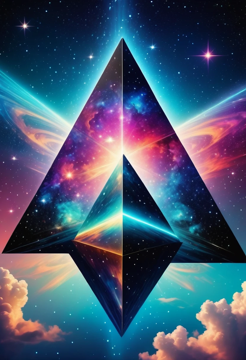 Huge triangle，Magnificent cosmic starry sky background，Intricate illustration in surreal art style，surreal dream，Dubrec style，Transparent geometric shape close-up，（multiple exposure：1.8），