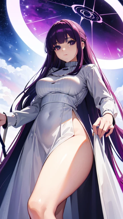 Super detailed, NSFW, masterpiece, High resolution, Photorealistic digital art, perfect lighting, (((1 girl, perfect anatomy))), accurate right hand, accurate left hand, five fingers, perfect style, Fern, purple eyes, glossy lips, purple long hair, shiny skin, (Pure white long sleeve blouse, pure white long skirt), Big Breasts, Stride, Hold the magic wand, Magic Circle, Fantasy art, View from below,