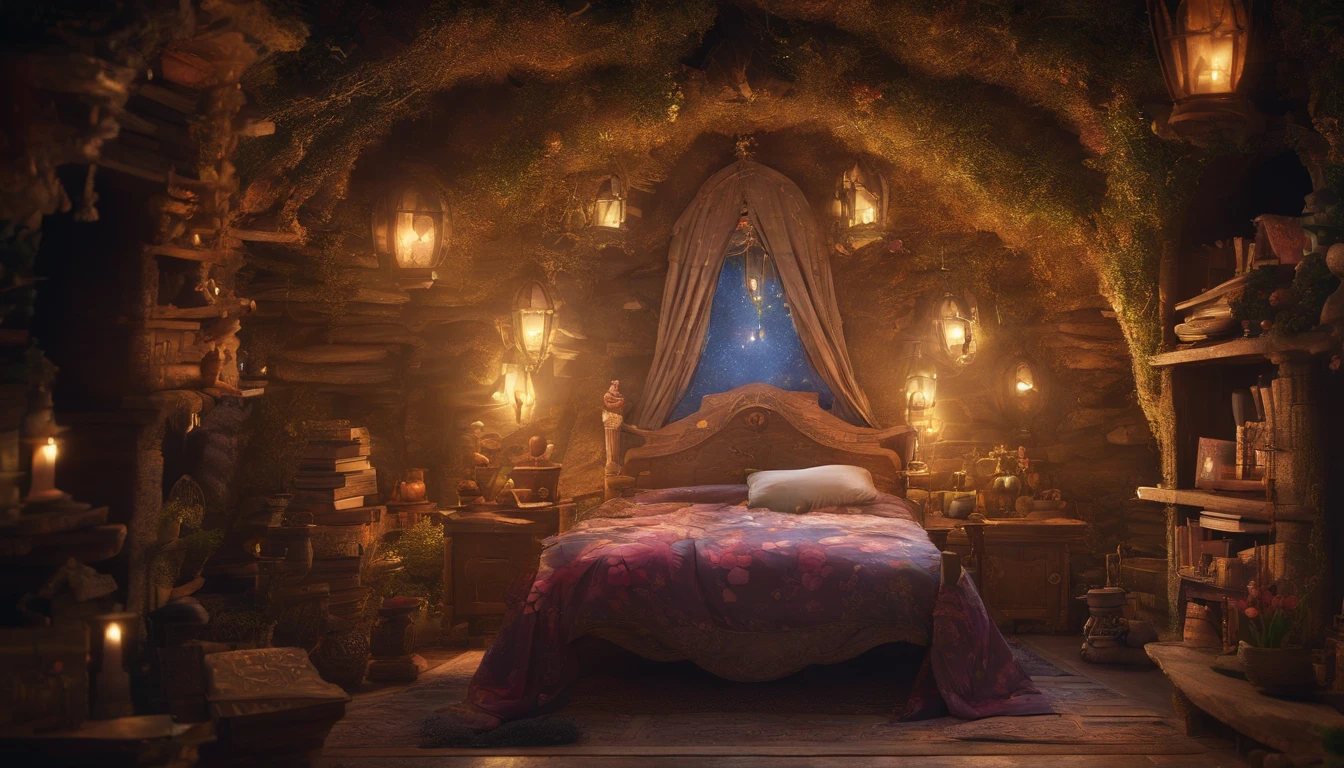 A bedroom in a fairy house at midnight, a rustic wooden bed with fluffy pillows and blankets, soft light from light fixtures made of natural materials, a small bookshelf in the corner of the room with ancient books and magical scrolls where knowledge and secrets lie, decorated with natural materials, gems and flowers throughout the room, a fantastic and mysterious atmosphere, the ultimate relaxation space, very realistic、photograph、one person perspective、super detail、high detail、high quality、8K、