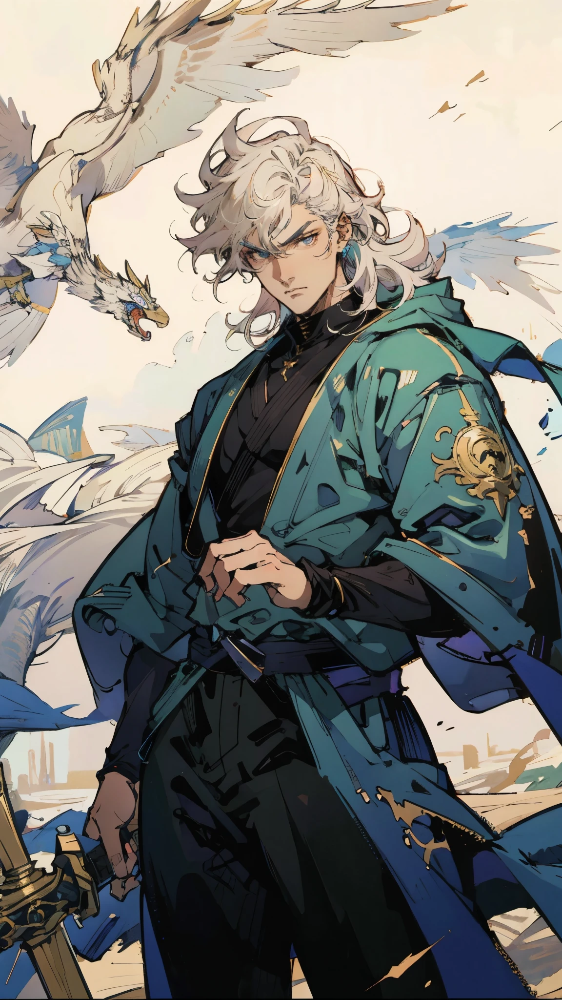 An adult man with long black hair, white-highlighted middle part bangs, thick wavy eyebrows, sharp almond-shaped eyes, well-defined features, a dignified expression, a black and white tight-fitting coat in a fantasy martial arts style, flowing wide sleeves, a cloth belt around the waist, loose fabric trousers, he holds a long sword placed in front of him, while the other hand lightly wipes the blade, the backdrop is a fantasy martial arts-style training ground, this character embodies a finely crafted fantasy martial arts-style swordsman in anime style, exquisite and mature manga art style, high definition, best quality, highres, ultra-detailed, ultra-fine painting, extremely delicate, professional, perfect body proportions, golden ratio, anatomically correct, symmetrical face, extremely detailed eyes and face, high quality eyes, creativity, RAW photo, UHD, 32k, Natural light, cinematic lighting, masterpiece-anatomy-perfect, masterpiece:1.5