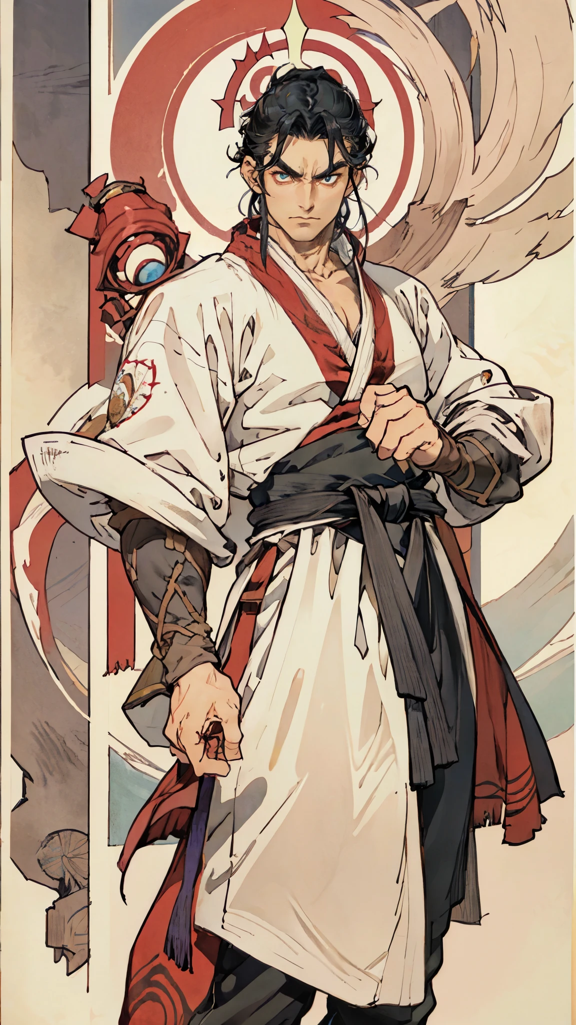 An adult man with long black hair, white-highlighted middle part bangs, thick wavy eyebrows, sharp almond-shaped eyes, well-defined features, a dignified expression, a black and white tight-fitting coat in a fantasy martial arts style, flowing wide sleeves, a cloth belt around the waist, loose fabric trousers, he holds a long sword placed in front of him, while the other hand lightly wipes the blade, the backdrop is a fantasy martial arts-style training ground, this character embodies a finely crafted fantasy martial arts-style swordsman in anime style, exquisite and mature manga art style, high definition, best quality, highres, ultra-detailed, ultra-fine painting, extremely delicate, professional, perfect body proportions, golden ratio, anatomically correct, symmetrical face, extremely detailed eyes and face, high quality eyes, creativity, RAW photo, UHD, 32k, Natural light, cinematic lighting, masterpiece-anatomy-perfect, masterpiece:1.5
