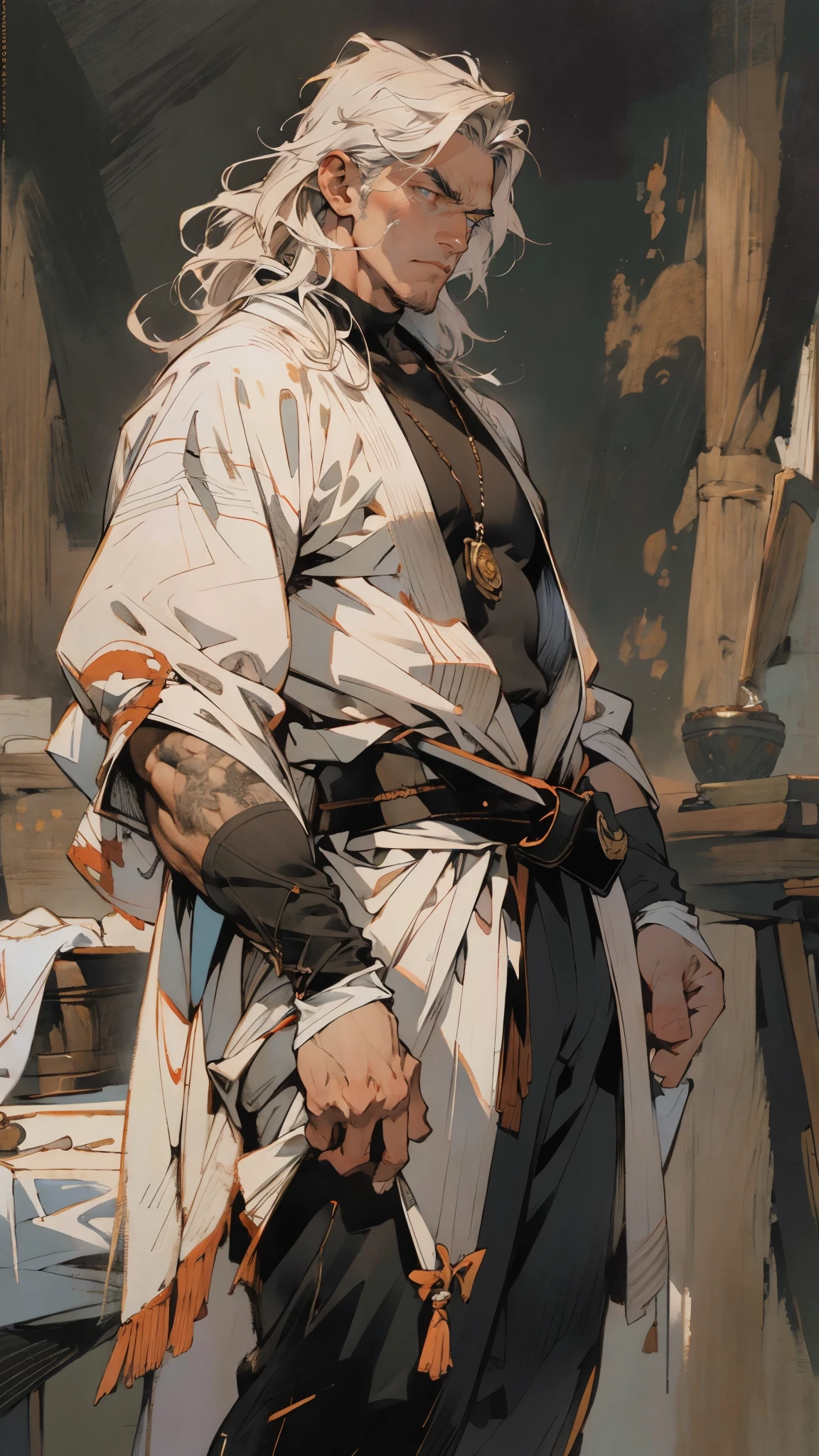 An adult man with long black hair, white-highlighted middle part bangs, thick wavy eyebrows, sharp almond-shaped eyes, well-defined features, a dignified expression, a black and white tight-fitting coat in a fantasy martial arts style, flowing wide sleeves, a cloth belt around the waist, loose fabric trousers, he holds a long sword placed in front of him, while the other hand lightly wipes the blade, the backdrop is a fantasy martial arts-style training ground, this character embodies a finely crafted fantasy martial arts-style swordsman in anime style, exquisite and mature manga art style, high definition, best quality, highres, ultra-detailed, ultra-fine painting, extremely delicate, professional, perfect body proportions, golden ratio, anatomically correct, symmetrical face, extremely detailed eyes and face, high quality eyes, creativity, RAW photo, UHD, 32k, Natural light, cinematic lighting, masterpiece-anatomy-perfect, masterpiece:1.5