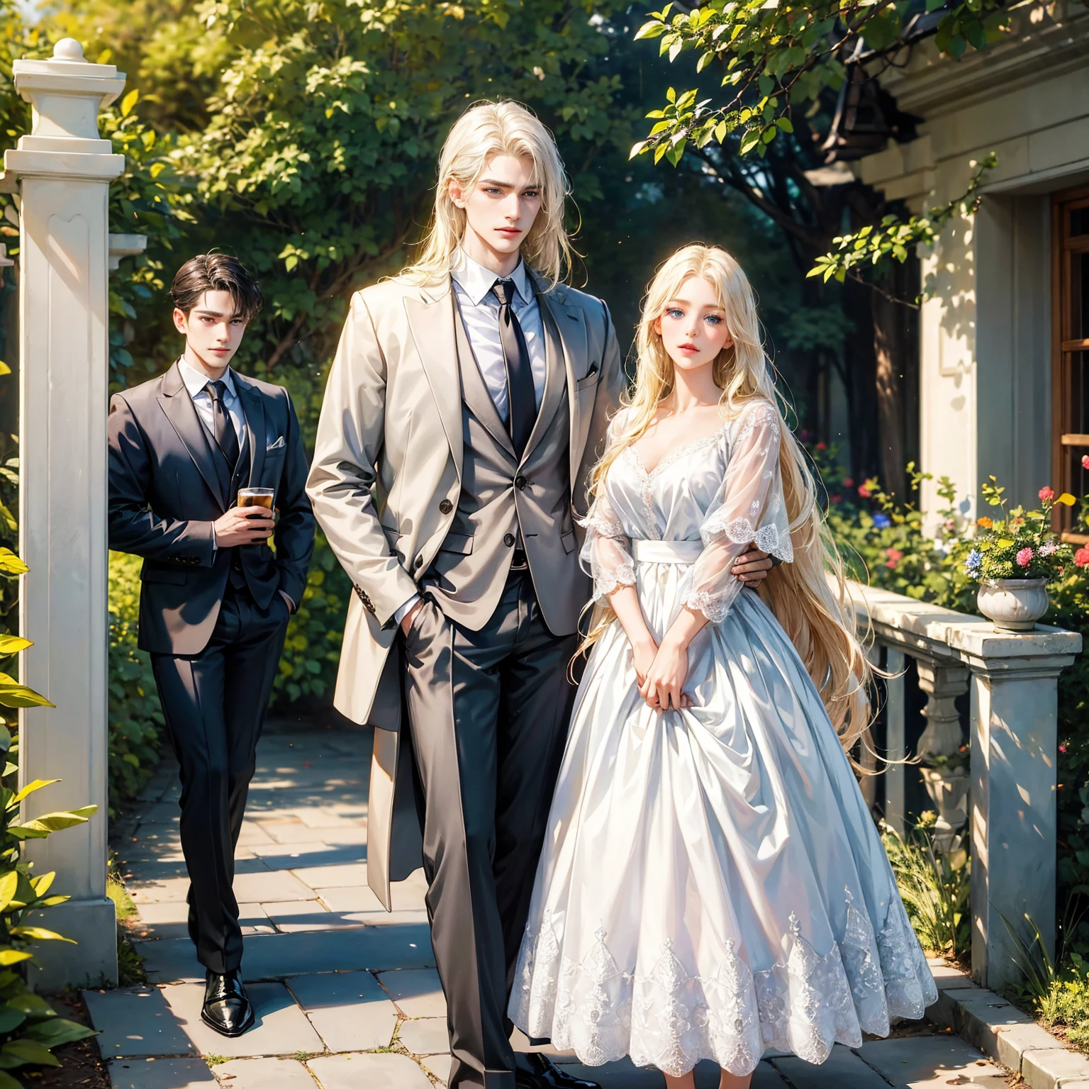 A couple, 1 young incredibly beautiful woman and 1 young handsome tall attractive man, the girl has long golden hair, long bangs, blue eyes. She is wearing a skirt and blouse. Long straight white hair, unbuttoned white jacket, unbuttoned black shirt and white trousers with several upper buttons, different height, detailed eyes, face, hands. they are standing. they are leaning against a wooden fence, they are hugging, looking at the viewer. A full-length figure. There is a park in the background. masterpiece, perfect drawing, realistic drawing, Full-length drawing, detailed study, 8k. full length image, realistic image, Dynamic image, detailed image. extremely detailed illustration, a true masterpiece of the highest quality, with careful drawing.