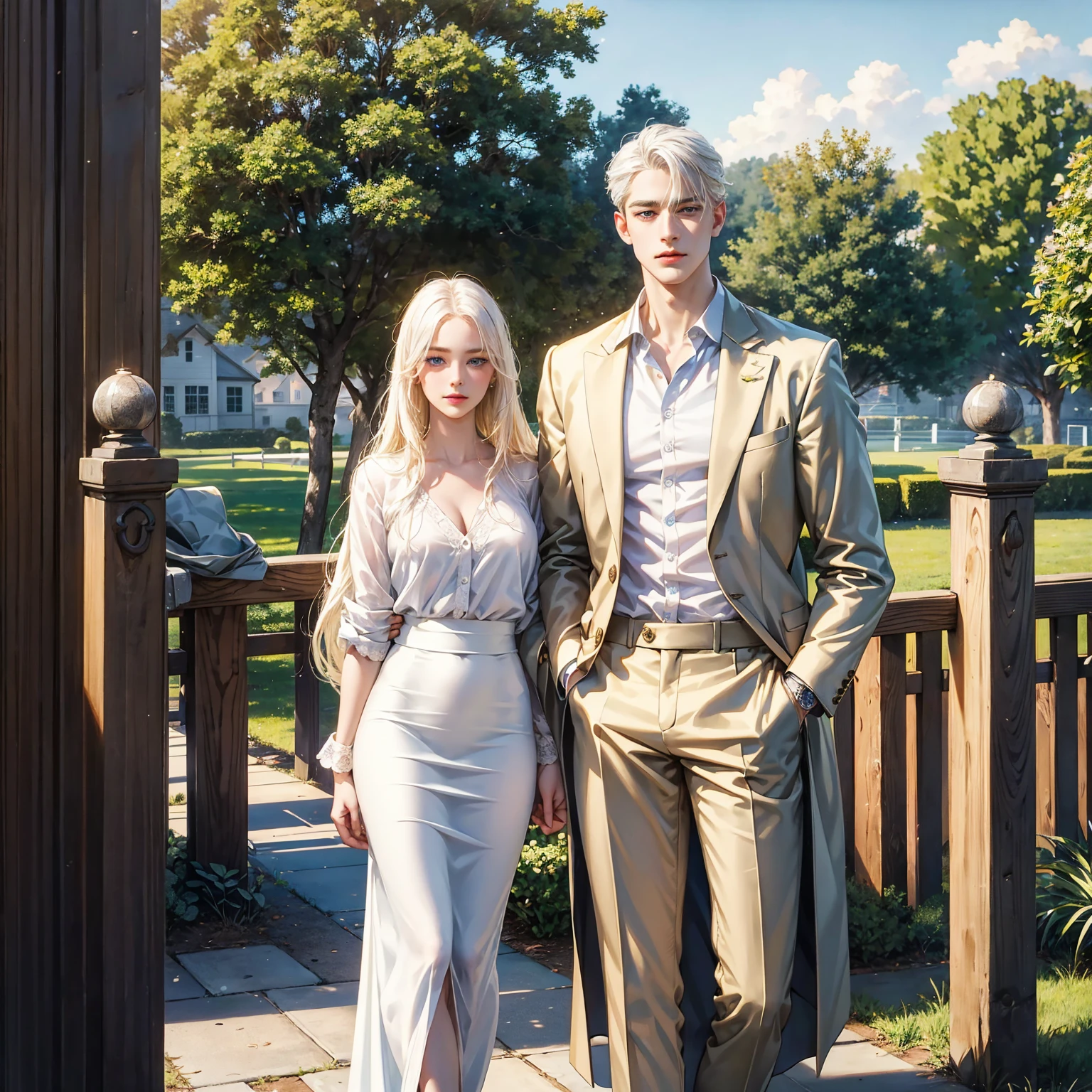 
A couple, 1 young incredibly beautiful woman and 1 young handsome tall attractive man, the girl has long golden hair, long bangs, blue eyes. She is wearing a skirt and blouse. Long straight white hair, unbuttoned white jacket, unbuttoned black shirt and white trousers with several upper buttons, different height, detailed eyes, face, hands. they are standing. they are leaning against a wooden fence, they are hugging, looking at the viewer. A full-length figure. There is a park in the background. masterpiece, perfect drawing, realistic drawing, Full-length drawing, detailed study, 8k. full length image, realistic image, Dynamic image, detailed image. extremely detailed illustration, a true masterpiece of the highest quality, with careful drawing.