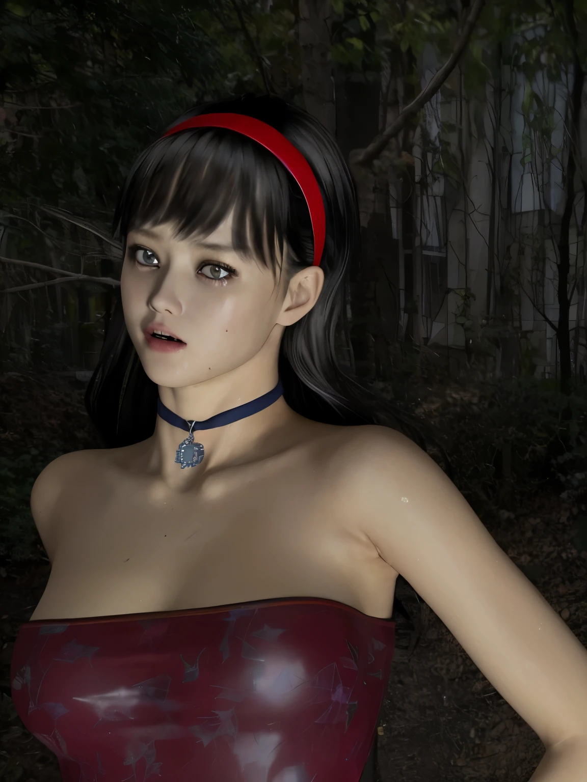 ((I'm sad、shed tears))、((sweaty、dye one's cheeks red、Sweat-soaked skin))、(8K, highest quality, masterpiece:1.2), (realistic, photo-realistic:1.37), Super detailed,highest quality, ultra high resolution, professional lighting, photon mapping, radio city, Physically based rendering, cinematic lighting, late night path,written boundary depth, sharp focus,moonlight, good composition,1 girl,alone,(whole body), (open your mouth),fine and beautiful eyes,((red eyes、Sharp and long double teeth))、 temporarily stop, tight waist,Japanese high school girl, black hair,messy hair,long hair fluttering in the wind,((Sailor suit for high school girls、navy blue socks))、(Ulzzang-6500:1.2)、 mix 4,