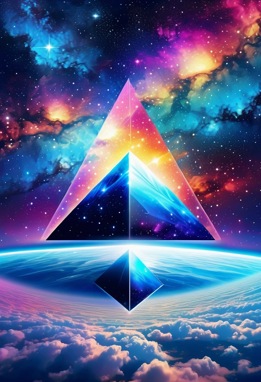 Huge triangle，Magnificent cosmic starry sky background，Intricate illustration in surreal art style，surreal dream，Dubrec style，Transparent geometric shape close-up，（multiple exposure：1.8），