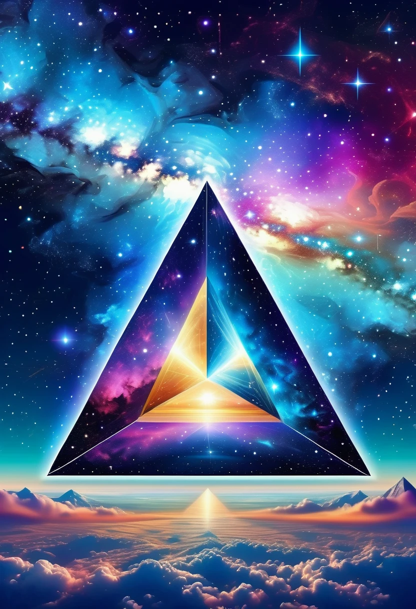 Huge triangle，Magnificent cosmic starry sky background，Intricate illustration in surreal art style，surreal dream，Dubrec style，Transparent geometric shape close-up，（multiple exposure：1.8），