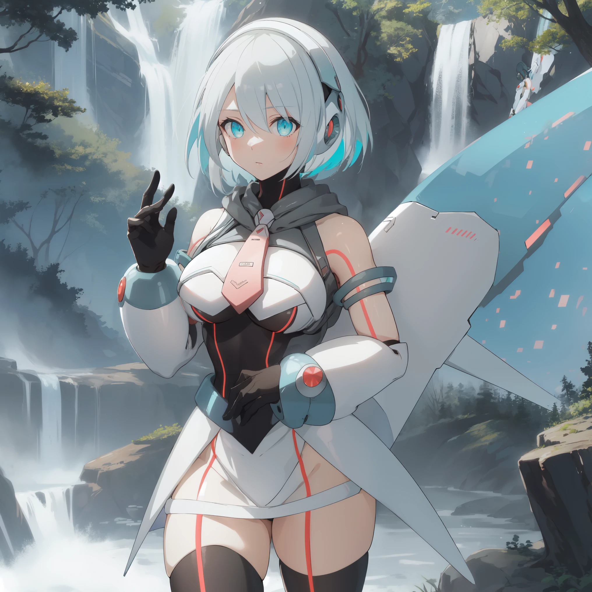 ico_megamanxdive, 1girl, blue eyes, solo, white hair, android, large breasts, black gloves, short hair, thighhighs, necktie, high quality, masterpiece, in a dark forest looking out at a waterfall, in the style of ultra detailed, dark cyan and light bronze, eye-catching tags, physically based rendering, depictions of inclement weather, heavy shading, landscape inspirations