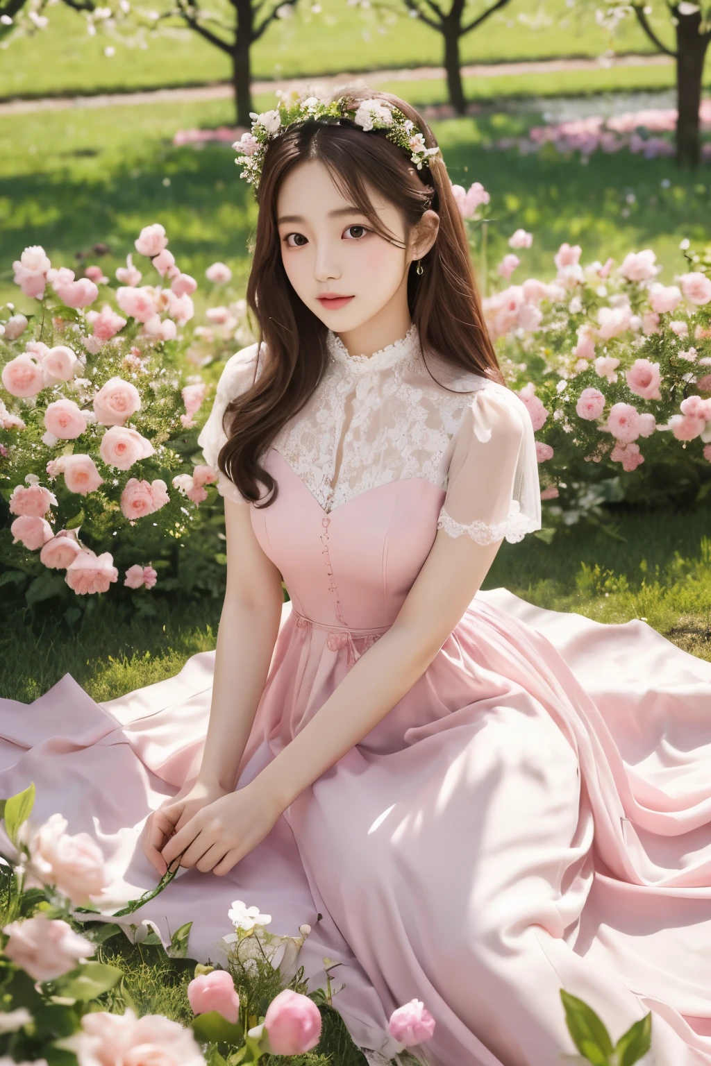 masterpiece, best quality, 8 thousand, 24 years old, photo beast, absurd, award-winning portraits, pure, korean beauty, Elegant and vibrant pink dress, spring, orchard in bloom, laces, cute, right, healthy, Beloved, perfect hands,