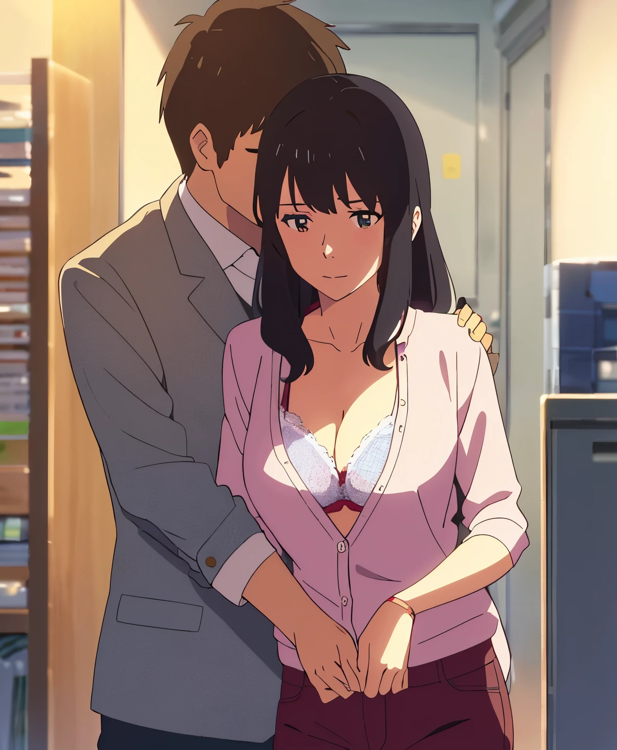 shinkai makoto, kimi no na wa., 1middle age man, wrinkle face, black hair,bangs swept to the right side, office suit, middle aged man caressing girl's body, kiss cheeks, passionate hug, boy is hugging from behind, chestgrope from behind, middle aged man is touchig girl's chest, hold chest, 1girl, bangs, black hair, brown eyes, Twisted Half Up Hair, red ribbon, long hair, yellow collared shirt, open shirt, off shoulders,unbuttoned shirt, pink bra, cleavage, breast, medium breast, blue pants, storage room, indoors, masterpiece, perfect anatomy, cowboyshot