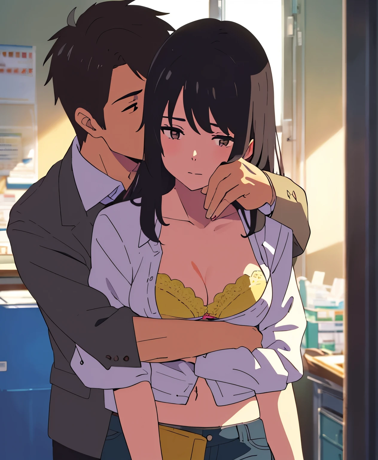 shinkai makoto, kimi no na wa., 1middle age man, wrinkle face, black hair,bangs swept to the right side, office suit, middle aged man caressing girl's body, kiss cheeks, passionate hug, boy is hugging from behind, chestgrope from behind, middle aged man is touchig girl's chest, hold chest, 1girl, bangs, black hair, brown eyes, Twisted Half Up Hair, red ribbon, long hair, yellow collared shirt, open shirt, off shoulders,unbuttoned shirt, pink bra, cleavage, breast, medium breast, blue pants, storage room, indoors, masterpiece, perfect anatomy, cowboyshot