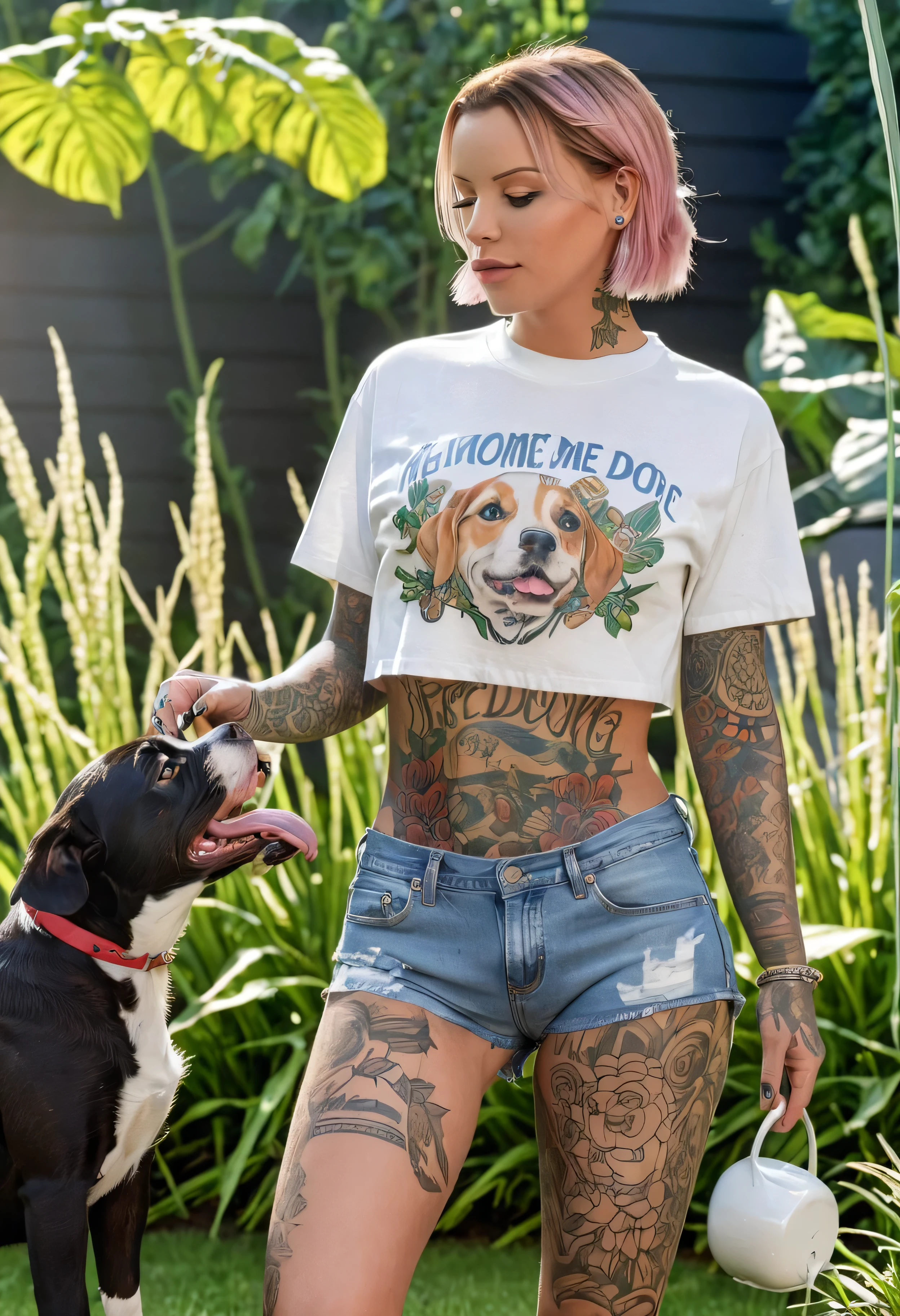 (masterpiece, best quality:1.2), 8K, Laurence bedard, she is at home in the garden feeding her dog wearing denim shorts cropped T-shirt, full body tattoos