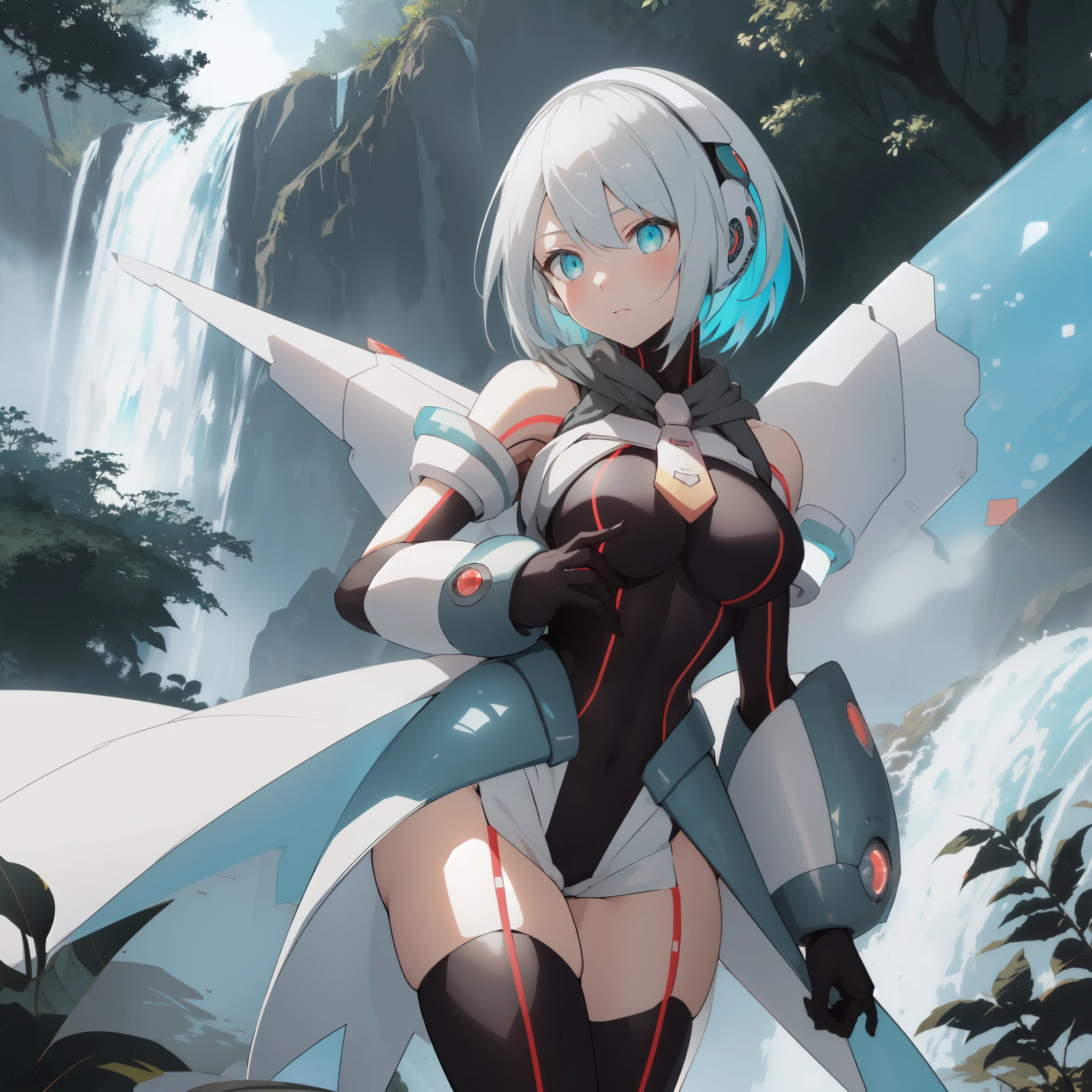 ico_megamanxdive, 1girl, blue eyes, solo, white hair, android, large breasts, black gloves, short hair, thighhighs, necktie, high quality, masterpiece, in a dark forest looking out at a waterfall, in the style of ultra detailed, dark cyan and light bronze, eye-catching tags, physically based rendering, depictions of inclement weather, heavy shading, landscape inspirations