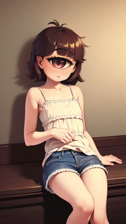 ((masterpiece)),((highest quality)),((anatomical)),((Realistic)),((realistic)),((riverside)),(((Cyclops Girl))),((beautiful eyes)),((baby face)),((petite)),camisole,shorts,