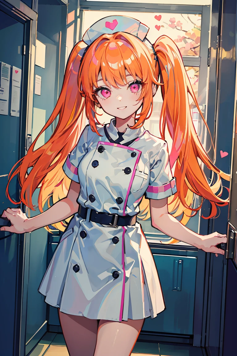 1 girl, white nurse uniform, orange hair, long hair, twin tails, bright smile, wink, ribbon, jump,pink eyes, ((heart eyes)), hospital hallway,, colorful hair, messy hair, tonality, romanticism, modern art, Impressionism, reflected light, 8K, masterpiece, advanced details, highest quality, Accurate