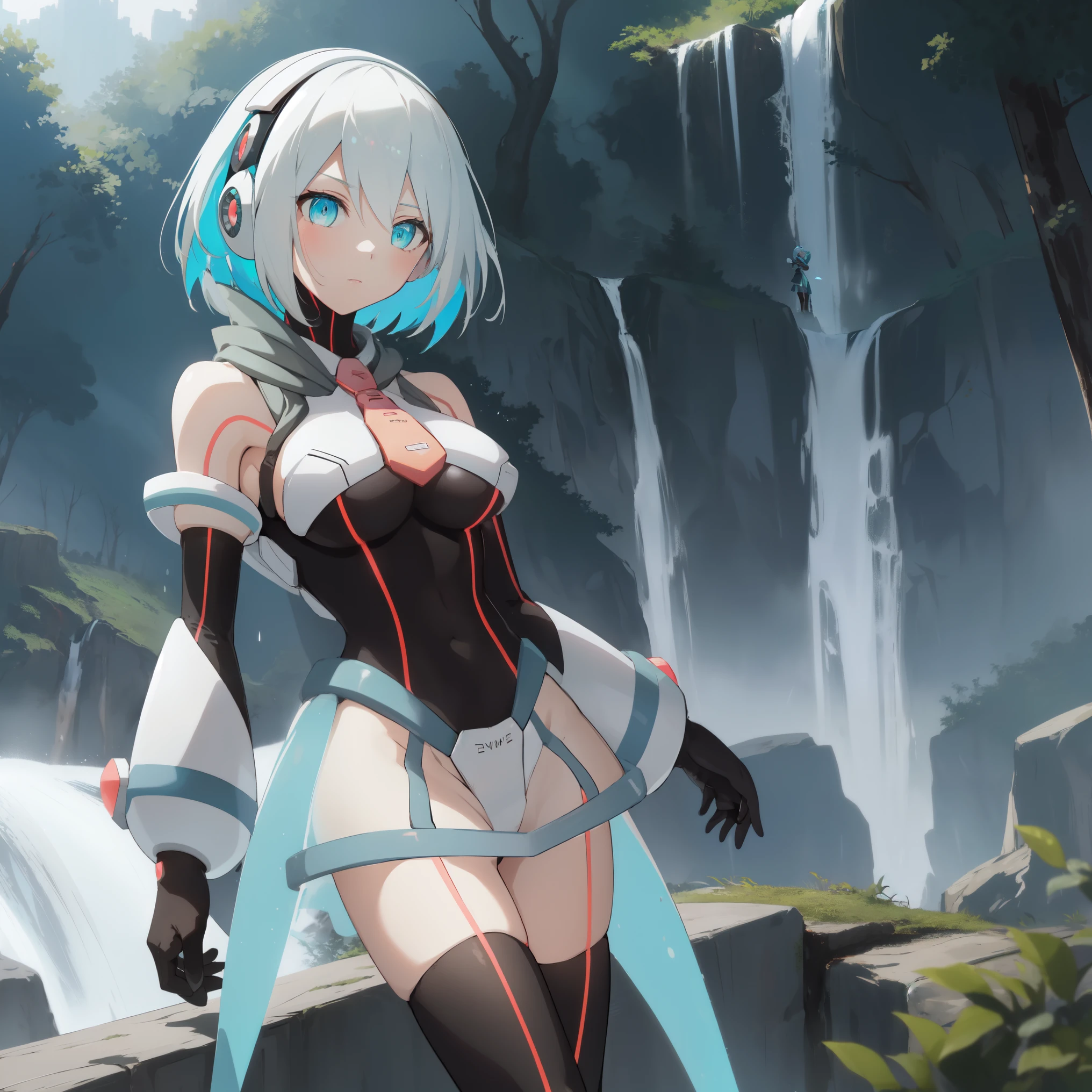 ico_megamanxdive, 1girl, blue eyes, solo, white hair, android, large breasts, black gloves, short hair, thighhighs, necktie, high quality, masterpiece, in a dark forest looking out at a waterfall, in the style of ultra detailed, dark cyan and light bronze, eye-catching tags, physically based rendering, depictions of inclement weather, heavy shading, landscape inspirations