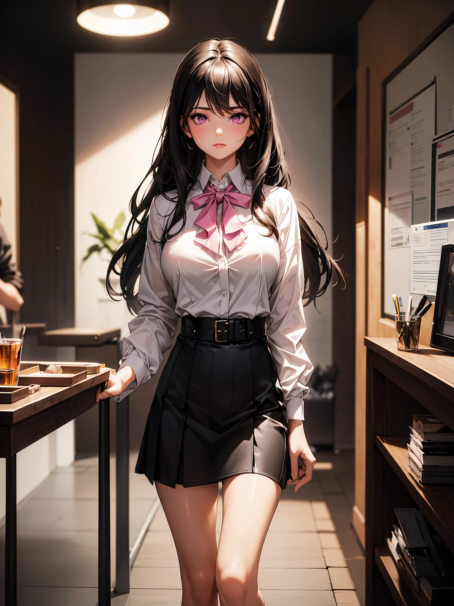 (best quality:1.1), (Masterpiece:1.2), High quality shadow, Beautiful details, Beautiful face, Detailed eyes, depth of field, High resolution, best shadow, best lighting, 1 girl, see viewers, black hair, smooth, blunt, long hair, pink eyes, shy, big breasts, short skirt, Women's blouses, fashion suit jacket, pump, office woman,rift