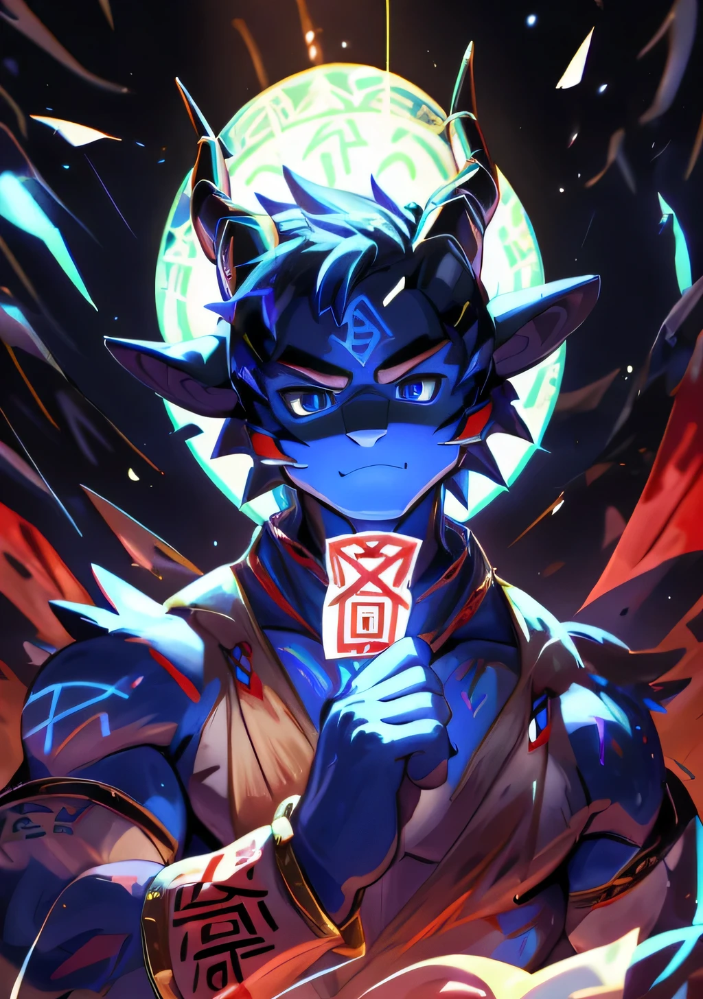 (best quality, 8k, highres, masterpiece:1.2), ultra-detailed, realistic:1.37, dragon, male, ((blue skin)), ((red tribal tattoos scattered across body)), horns on the head,dragon wings, young, muscular, sorcerer, ((fingers holding a talisman:1.5)), martial arts style, determined gaze, temple in the background