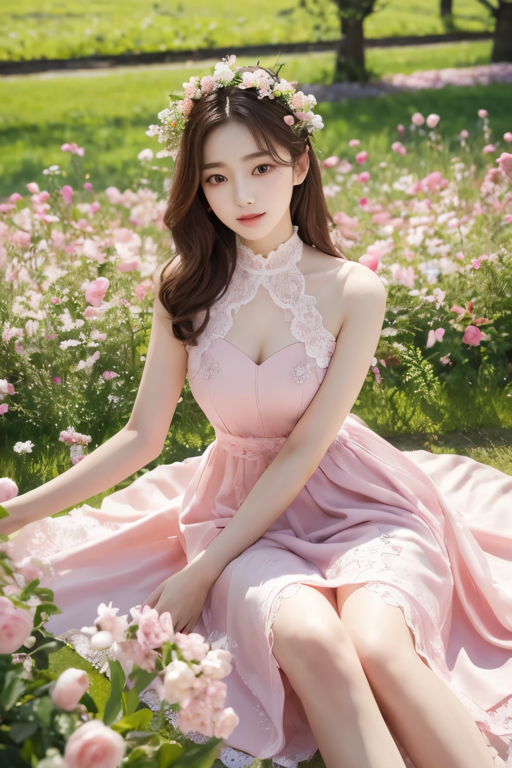 masterpiece, best quality, 8 thousand, 24 years old, photo beast, absurd, award-winning portraits, pure, korean beauty, Elegant and vibrant pink dress, spring, orchard in bloom, laces, cute, right, healthy, Beloved, perfect hands,