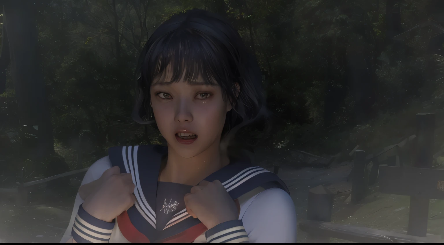 ((I'm sad、shed tears))、((sweaty、dye one's cheeks red、Sweat-soaked skin))、(8K, highest quality, masterpiece:1.2), (realistic, photo-realistic:1.37), Super detailed,highest quality, ultra high resolution, professional lighting, photon mapping, radio city, Physically based rendering, cinematic lighting, late night path,written boundary depth, sharp focus,moonlight, good composition,1 girl,alone,(whole body), (open your mouth),fine and beautiful eyes,((red eyes、Sharp and long double teeth))、 temporarily stop, tight waist,Japanese high school girl, black hair,messy hair,long hair fluttering in the wind,((Sailor suit for high school girls、navy blue socks))、(Ulzzang-6500:1.2)、 mix 4,