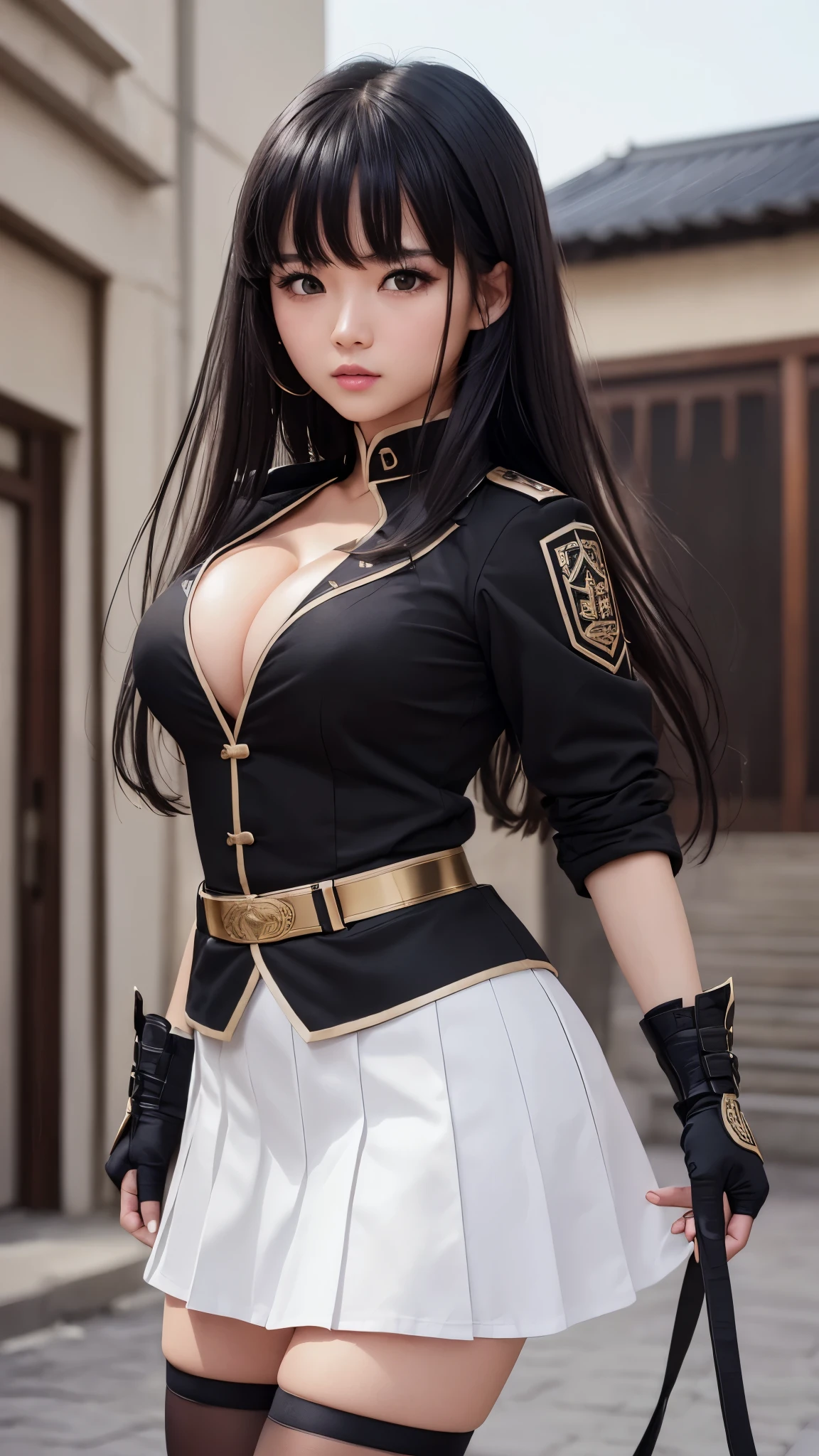 ((highest quality)), ((8k), (detailed face), (highlight), girl、cleavage、Asian、bangs、black hair、skirt、combat uniform、white、