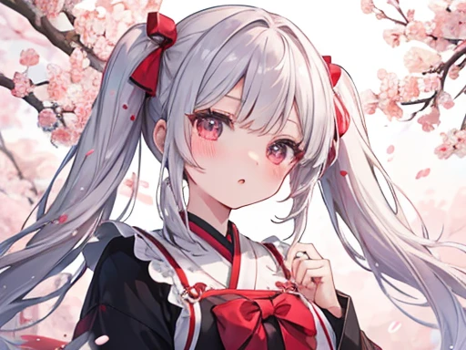red face、Please open your mouth a little.、beautiful girl、silver hair、twin tails、Night cherry blossom background