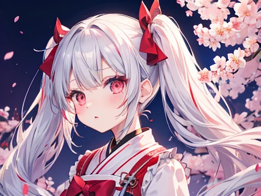 red face、Please open your mouth a little.、beautiful girl、silver hair、twin tails、Night cherry blossom background