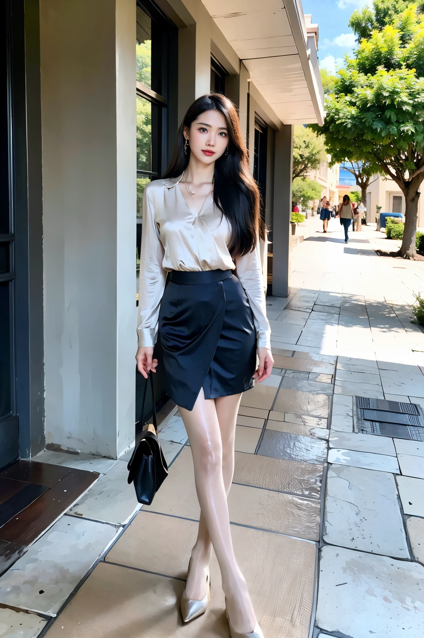 1 girl,31 years old,exquisite,Business womenswear,(shirt:1.1),(wrap skirt:1.1),Accessories,jewelry,knitweadelity:1.3),filigree,quality,(masterpiece:1.2),(fidelity:1.2),(best quality),(Skin details:1.3),(intricate details),Ray tracing,photo,bathed in light and shadow,street with skyscrapers,On a bustling city street,film grain,Depth of field 100mm,full-body shot,skin tone,High heel,Stand apart,Blue sky and white clouds,sunny